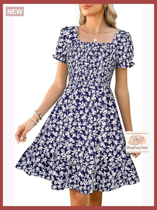 Dresses & Skirts - Short Sleeve Square Neck A-Line Tiered Sundress with Pockets Casual Spring